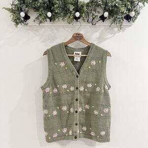 Vintage Cottagecore Floral Button Down Coastal Grandma Sweater Vest Medium Ramie